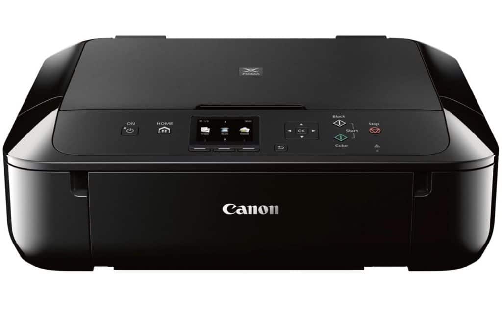 A black Canon printer with a control panel featuring a small display and several buttons, including power, home, start, and stop. Its sleek design is ideal for crafting cute Christmas tags at home or adding festive charm to your office workspace.